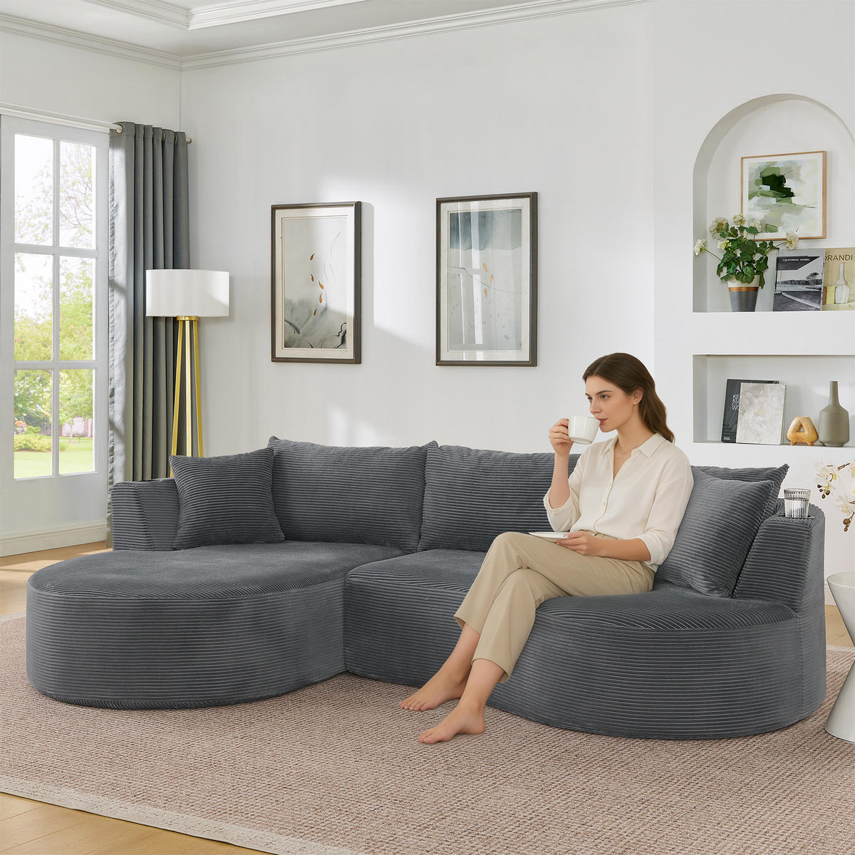 3-SITZER ECKSOFA Cord Grau mit Getränkehaltern und Kissen - Grau, Textil (264/168cm) - WISHDOR