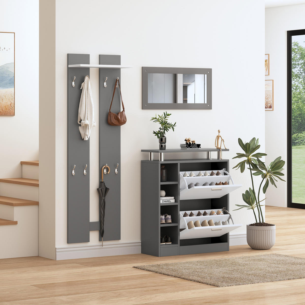 WANDGARDEROBE 80/25/96,5 cm mit 8 Haken, Spiegel und Schuhschrank in Grau/Weiß - Weiß, Holzwerkstoff (80/96/25cm) - BEAOK