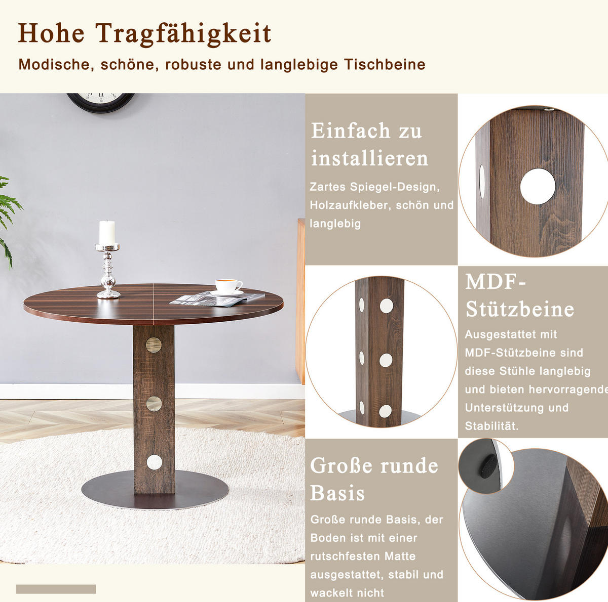 STOL za blagovanje 100 cm, MDF i metal, dekor oraha - boje oraha, drvni materijal (100/100/76cm) - BEAOK