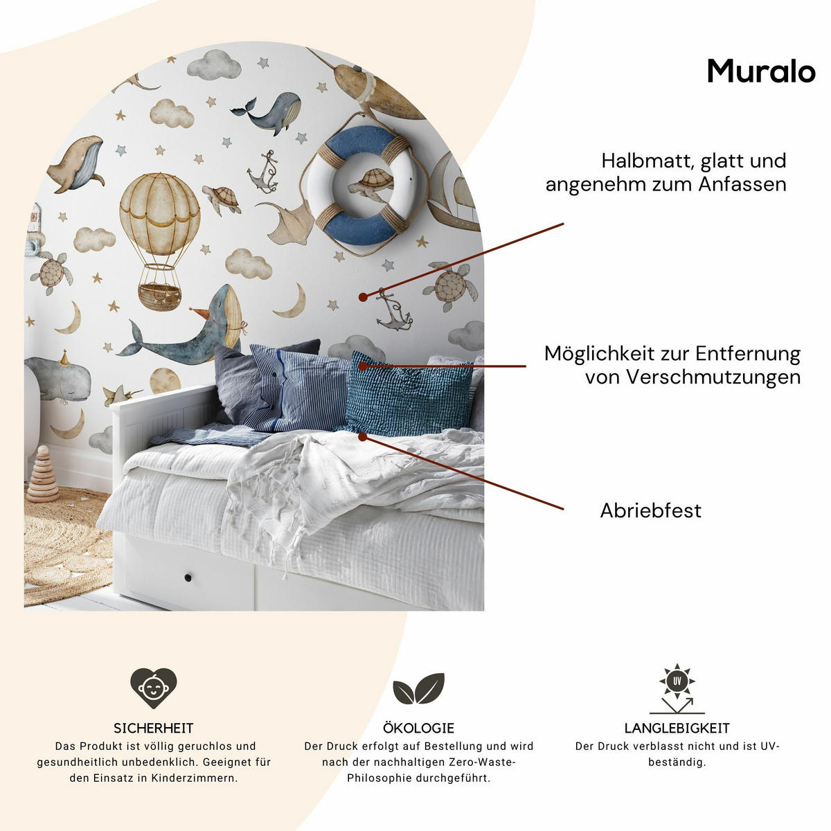 WANDSTICKER SET Wale Schildkröten Wolken Luftballons Sterne 120x60 - Beige/Braun, Papier (120/60/1cm) - Muralo