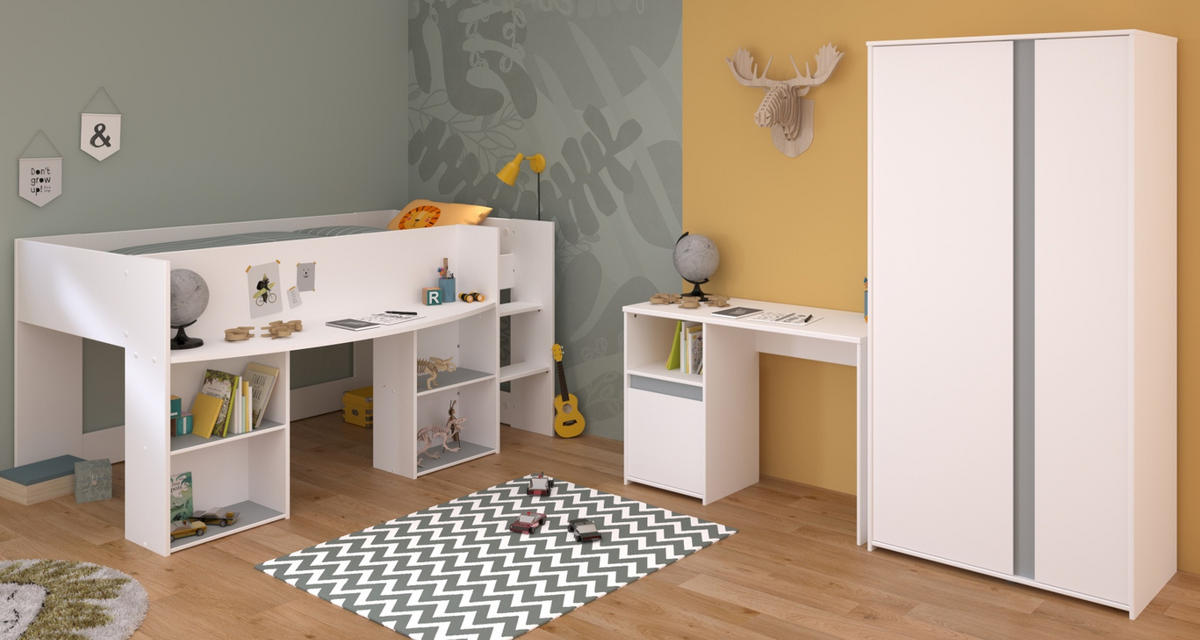 KINDERZIMMER Set 3-tlg. Kleiderschrank Schreibtisch Hochbett 90x200 - Weiß, Holz/Holzwerkstoff (90/182/200cm) - Parisot Meuble