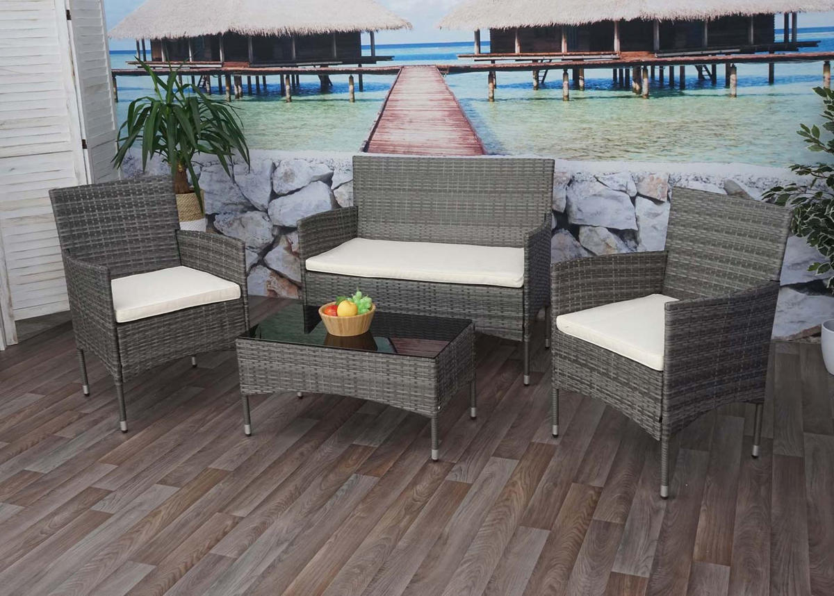 POLY-RATTAN GARNITUR Grau, Cremeweiß - Weiß/Grau, Kunststoff - MCW