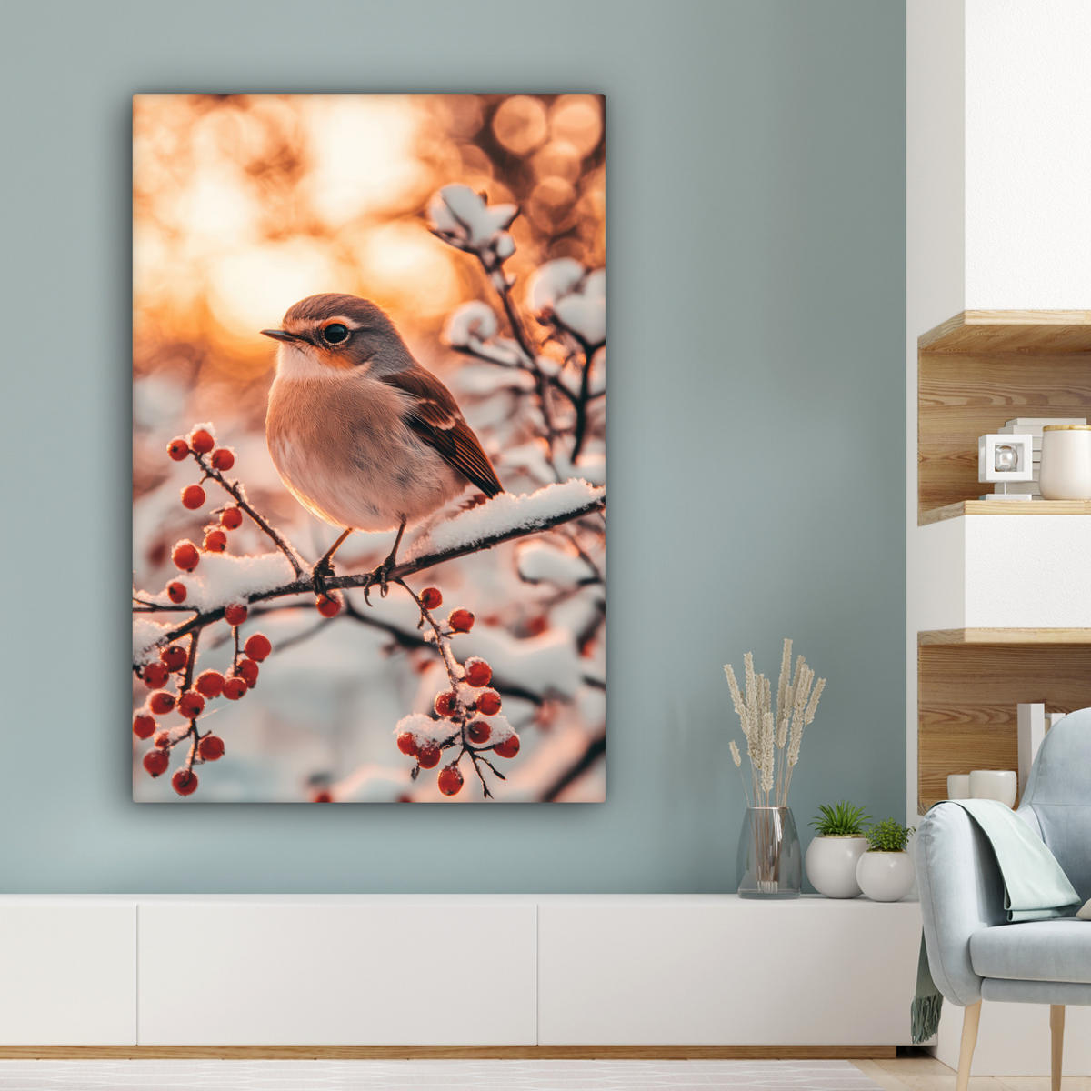 LEINWANDBILD Vogel - Zweig - Winter - Tiere - Schnee Deko XXL 80x120 cm - Bernsteinfarben, Textil (80/120cm) - MuchoWow