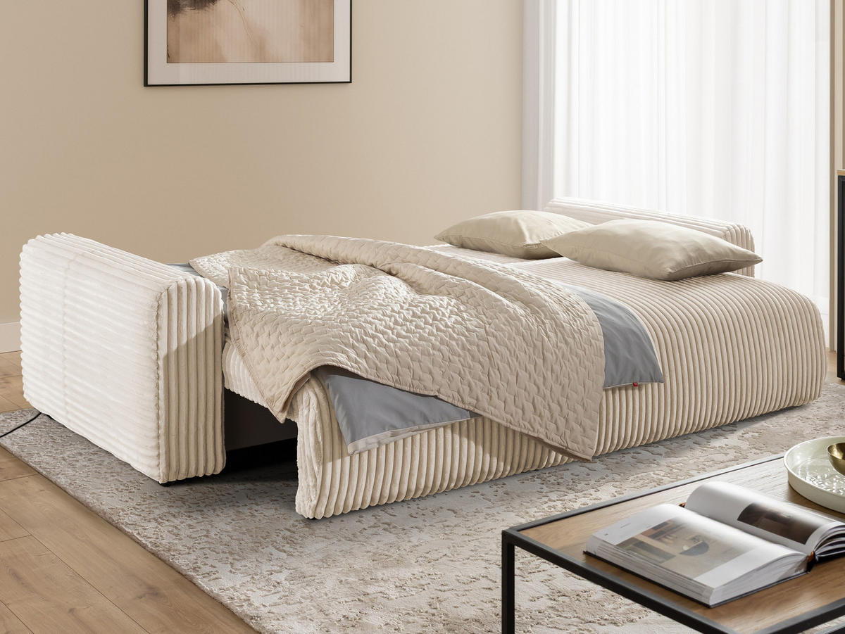 SCHLAFSOFA Calma mit Bettkasten im Bumpy-Design aus weichem Creme Plüschcord - Creme/Schwarz, Holz/Kunststoff (239/88/98cm) - S-Style