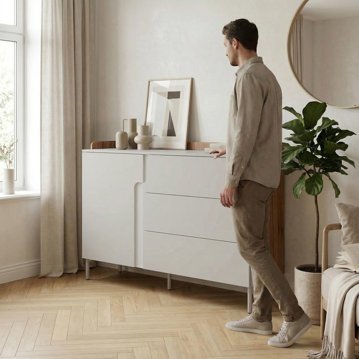 KOMMODE Positivo mit 1 Tür und 3 Schubladen, 140 cm, Alba-Nuss + Kaschmir - Nussbaumfarben, Holzwerkstoff (143/95/42cm) - Beautysofa