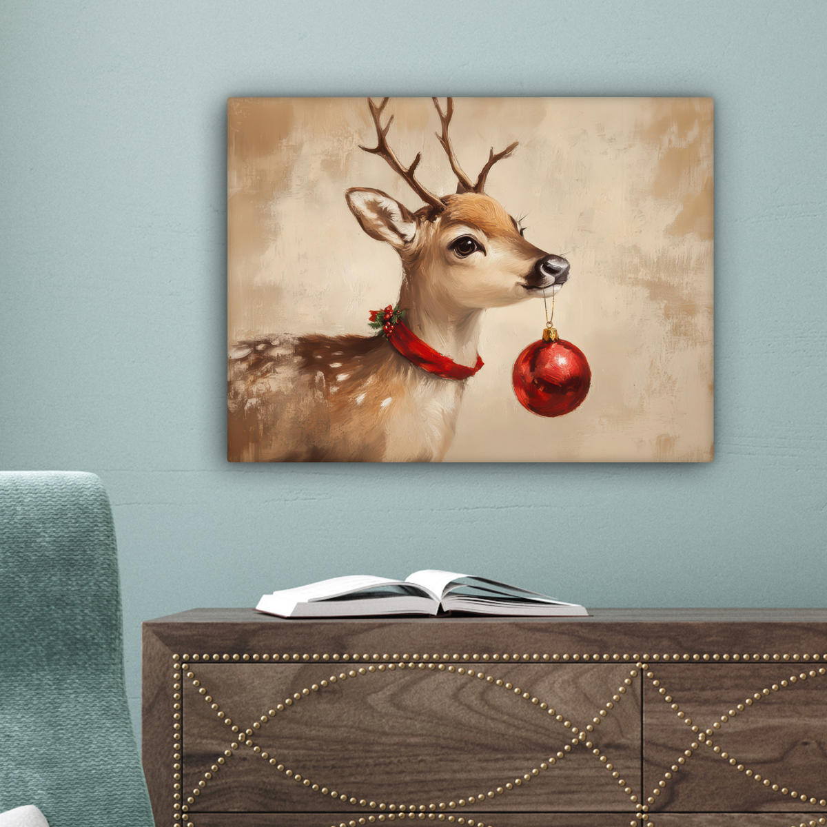 LEINWANDBILD Weihnachten - Hirsch - Geweih - Weihnachtskugel - Rentier Wandbild 40x30 cm - Hellbraun, Textil (40/30cm) - MuchoWow