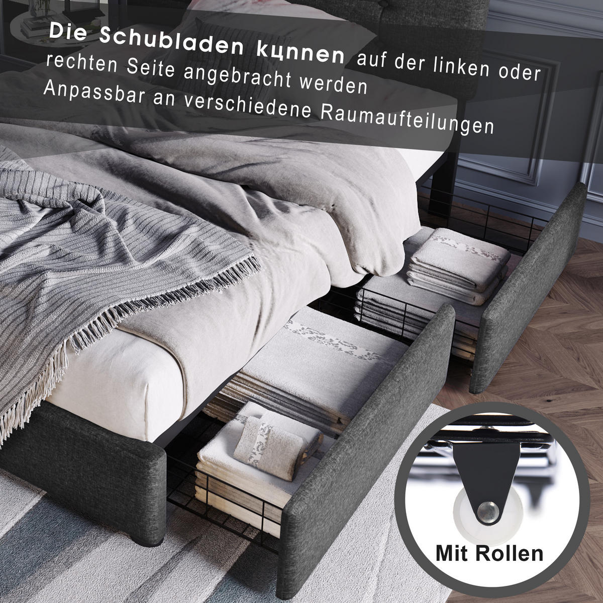 POLSTERBETT 90/200 cm Grau aus Leinen mit LED-Beleuchtung und 2 Schubladen - Grau, Textil (90/200cm) - OKMYHOME