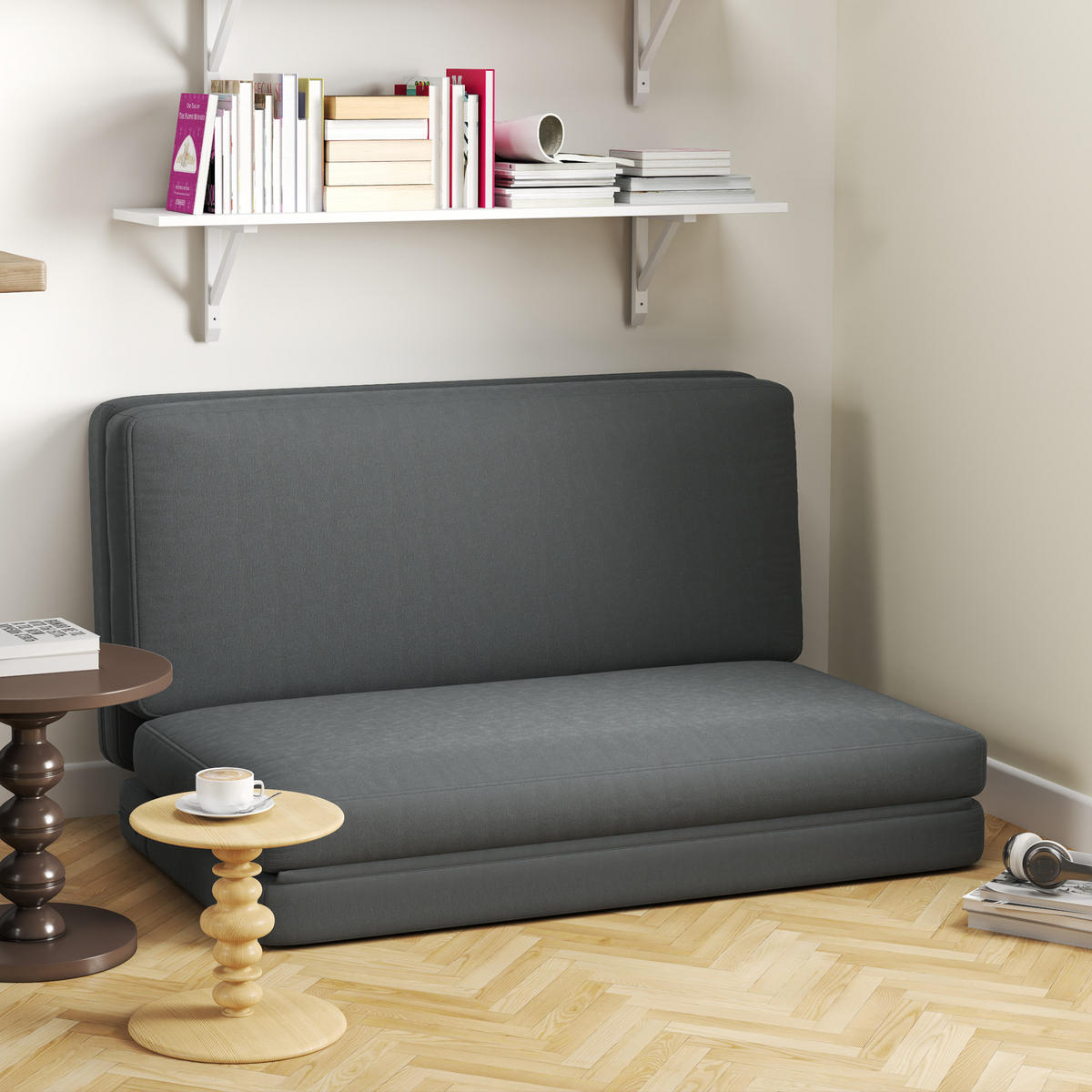 BODENSOFA 3-in-1 Klappbar Schlafsofa mit Samtoptik für Schlafzimmer, Wohnzimmer - Dunkelgrau, Textil (138/10/270cm) - HOMCOM