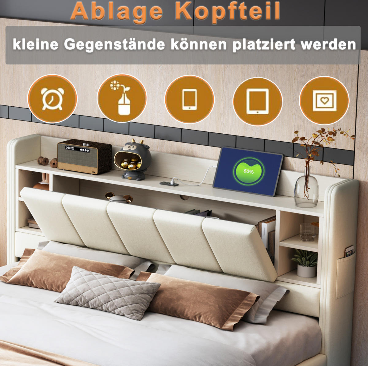 POLSTERBETT 140/200 cm Beige mit LED-Beleuchtung und Stauraum - Beige, Textil (140/200cm) - Flora Grace
