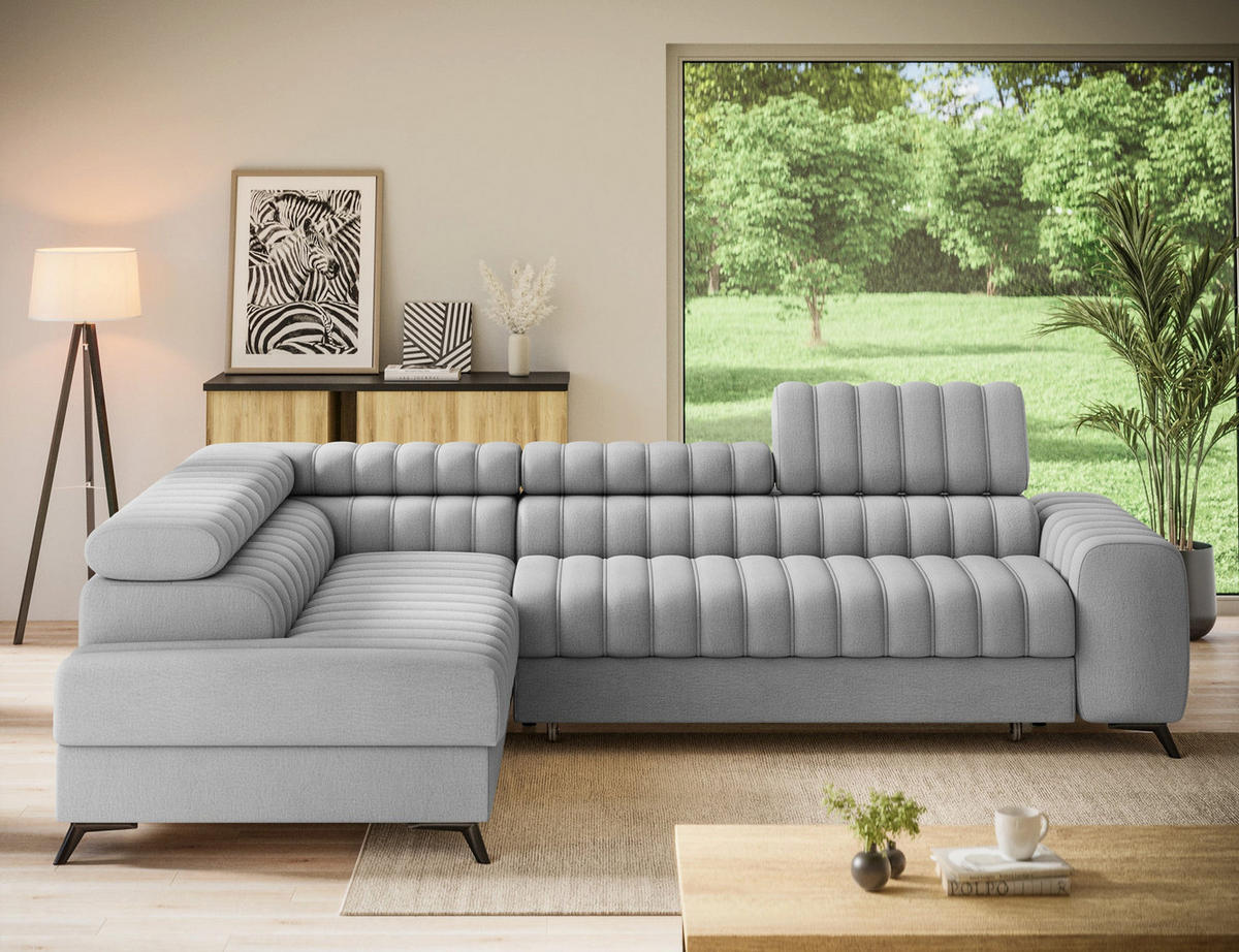 KANEDO Ecksofa mit Schlaffunktion und Bettkasten – Modernes Designsofa, verstellbare Kopfstützen, Metallfüße - Grau, Kunststoff (269/86cm) - Wohnideebilder
