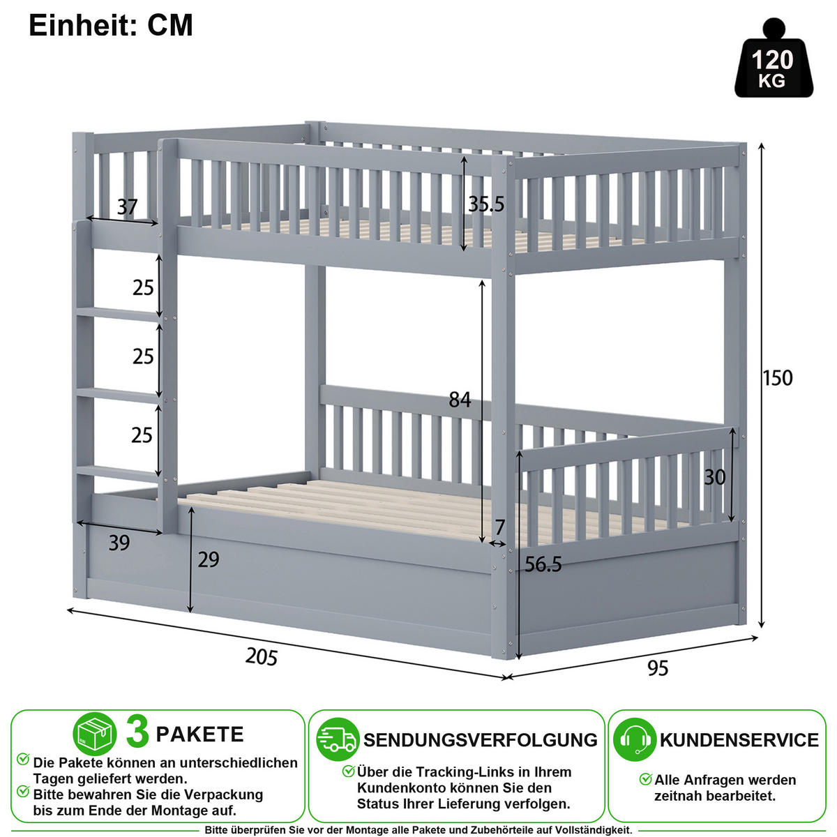 ETAGENBETT 90/200 cm & 90/200 cm in Grau mit Stauraum aus Massivholz - Grau, Holz/Holzwerkstoff (90/200cm) - CHICFURN