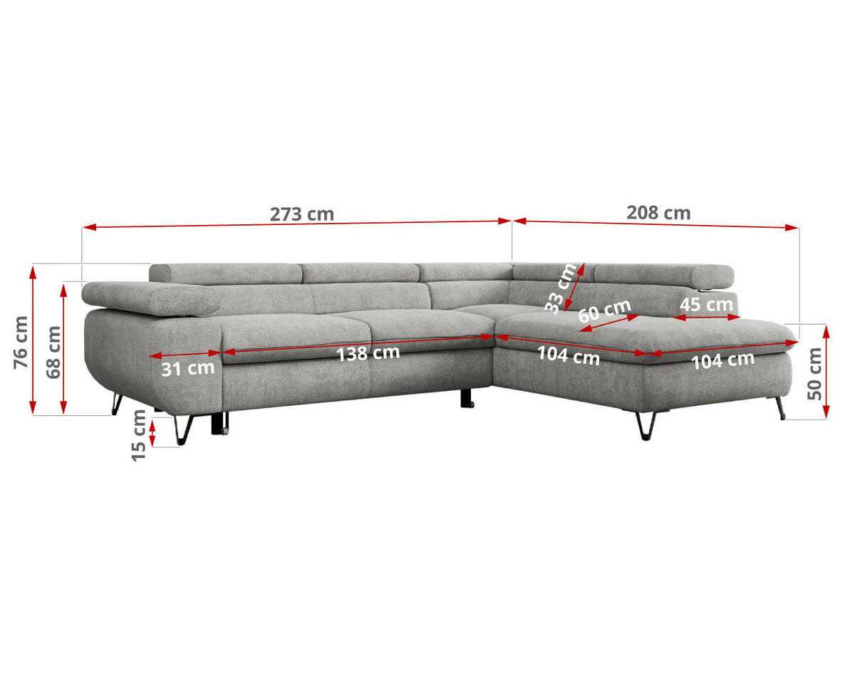 ECKSOFA PEDRO L Hellgrau Struktur - Rechts Seite - Hellgrau/Schwarz, Textil/Metall (273/208cm) - MKS