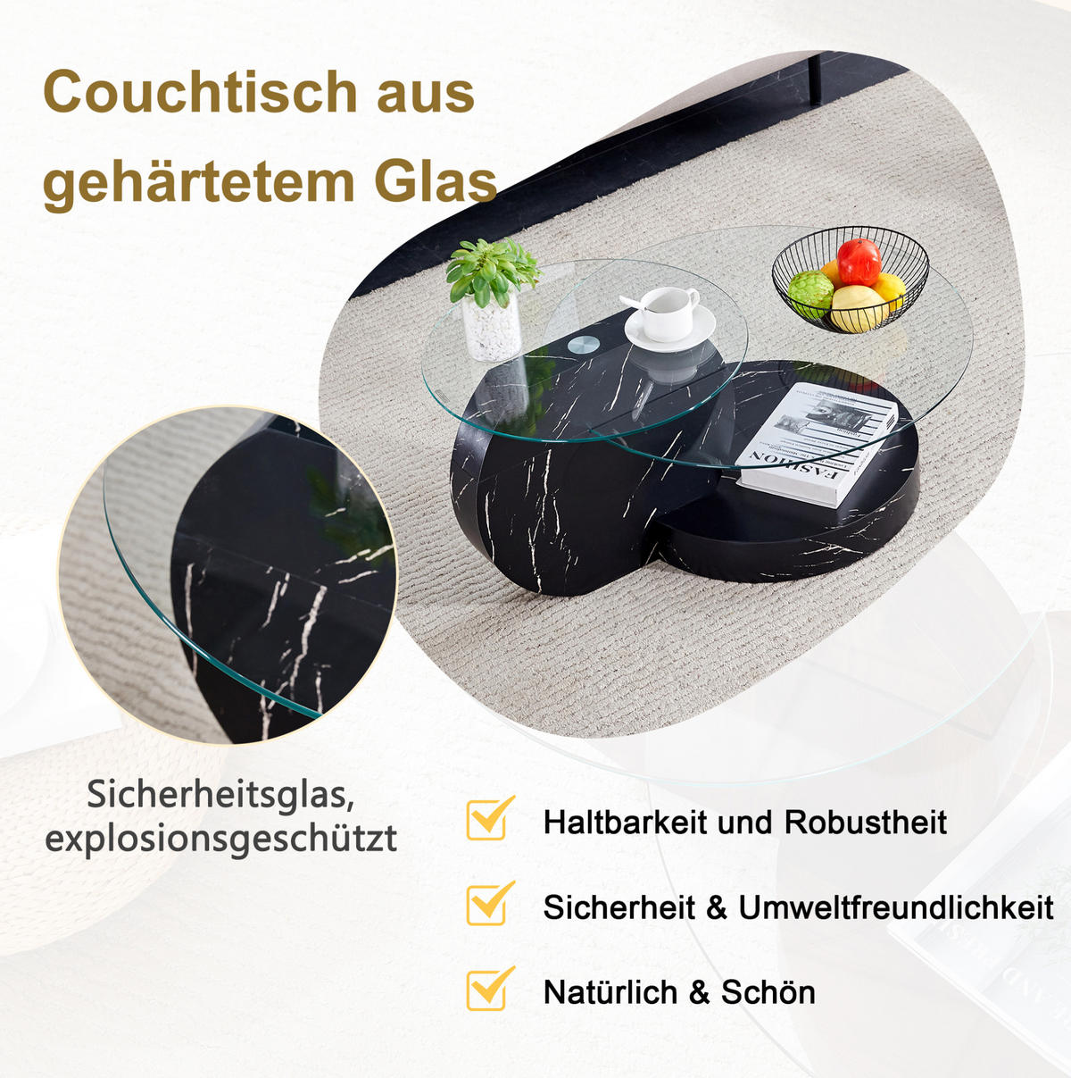 COUCHTISCH aus MDF und Glas Ø49,8/69,8 cm in Schwarz mit Ablagen - Schwarz, Glas (89.9/89.9/43.2cm) - Modfu