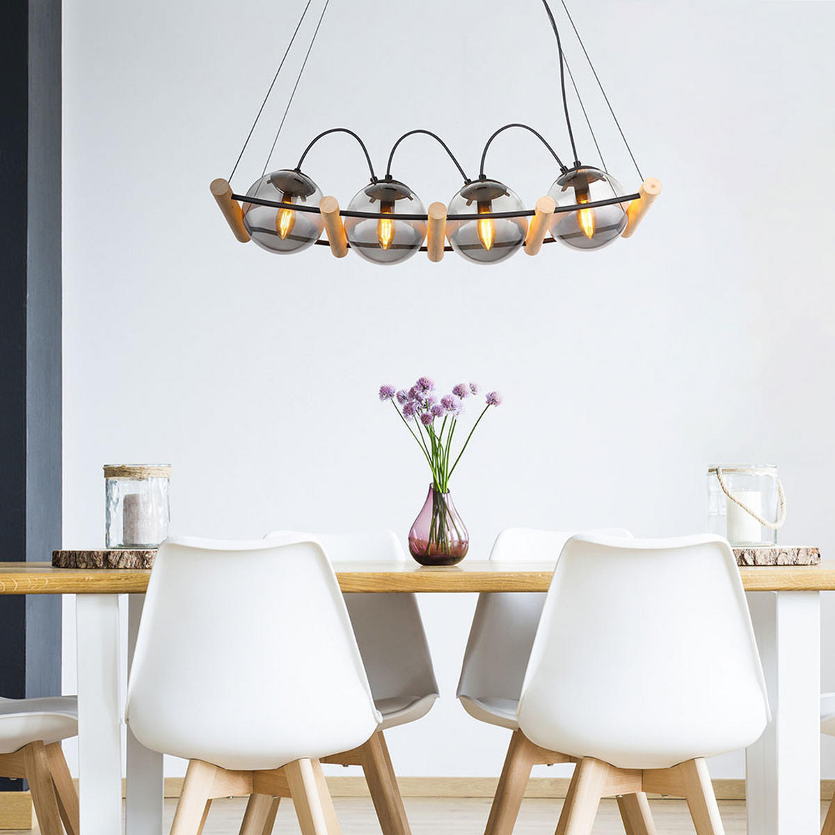 PENDELLEUCHTE Metall Schwarz-matt Glas Rauchfarben - Braun, Holz (75/22/120cm) - Globo Lighting