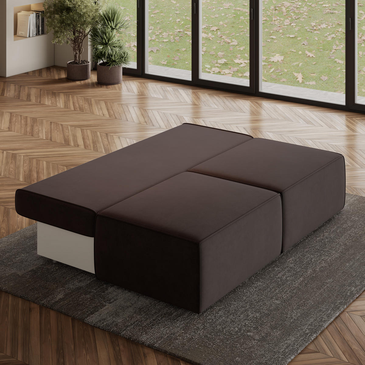 ECKSOFA VARNA M Braun Velours-Stoff mit Schlaffunktion - Braun, Holz (196/158cm) - MASSENO