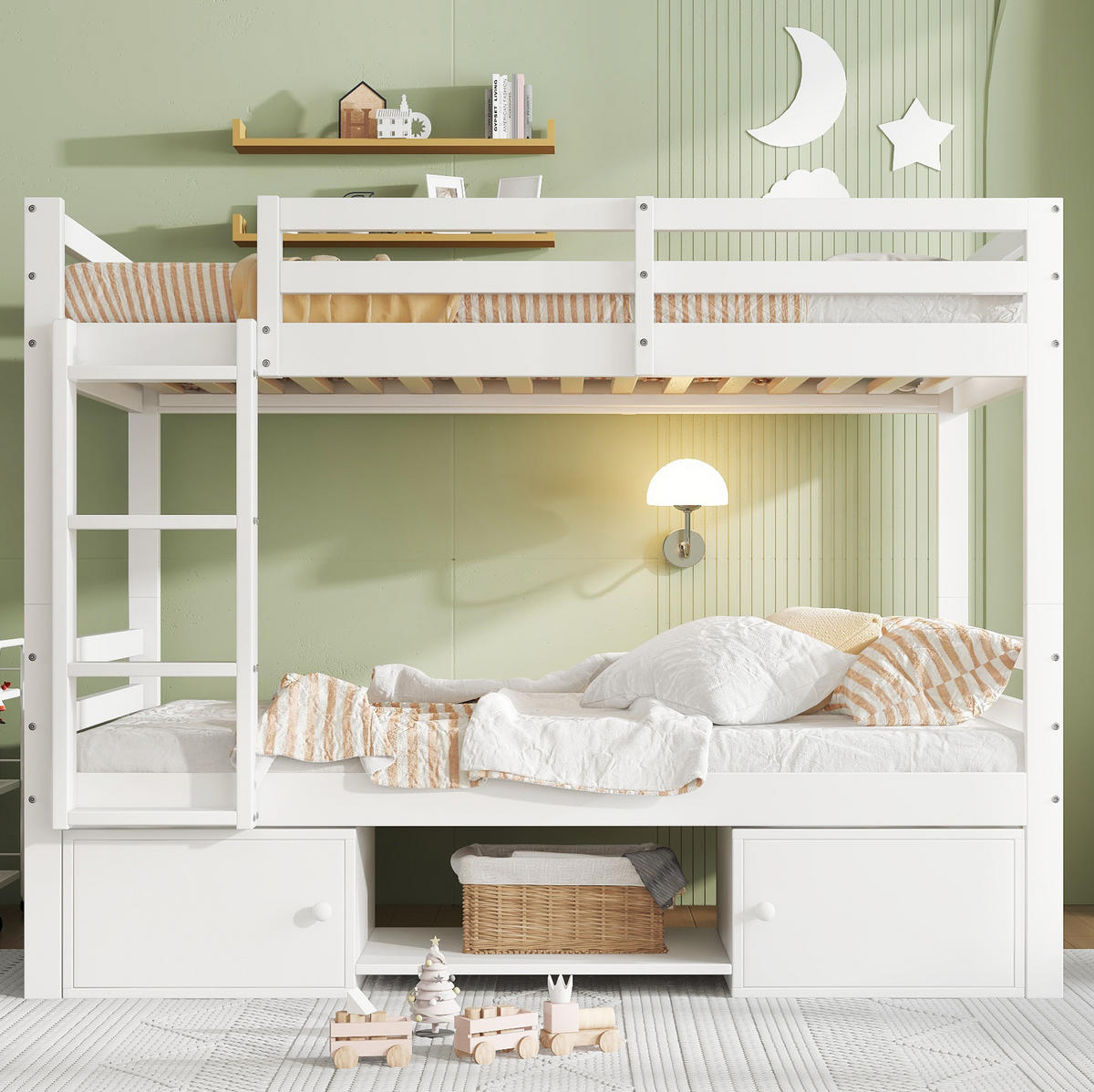 ETAGENBETT aus Massivholz und MDF 90x200 cm in Weiß mit Regalen & Schließfächern - Weiß, Holzwerkstoff (90/200cm) - Modfu