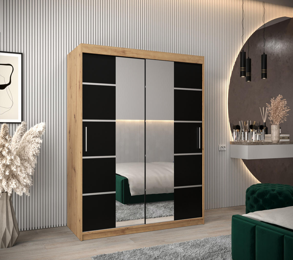 SCHWEBETÜRENSCHRANK 200/150/62 2-türig - Silberfarben/Schwarz, Holz/Kunststoff (150/200/62cm) - MÖBEL KRYSPOL