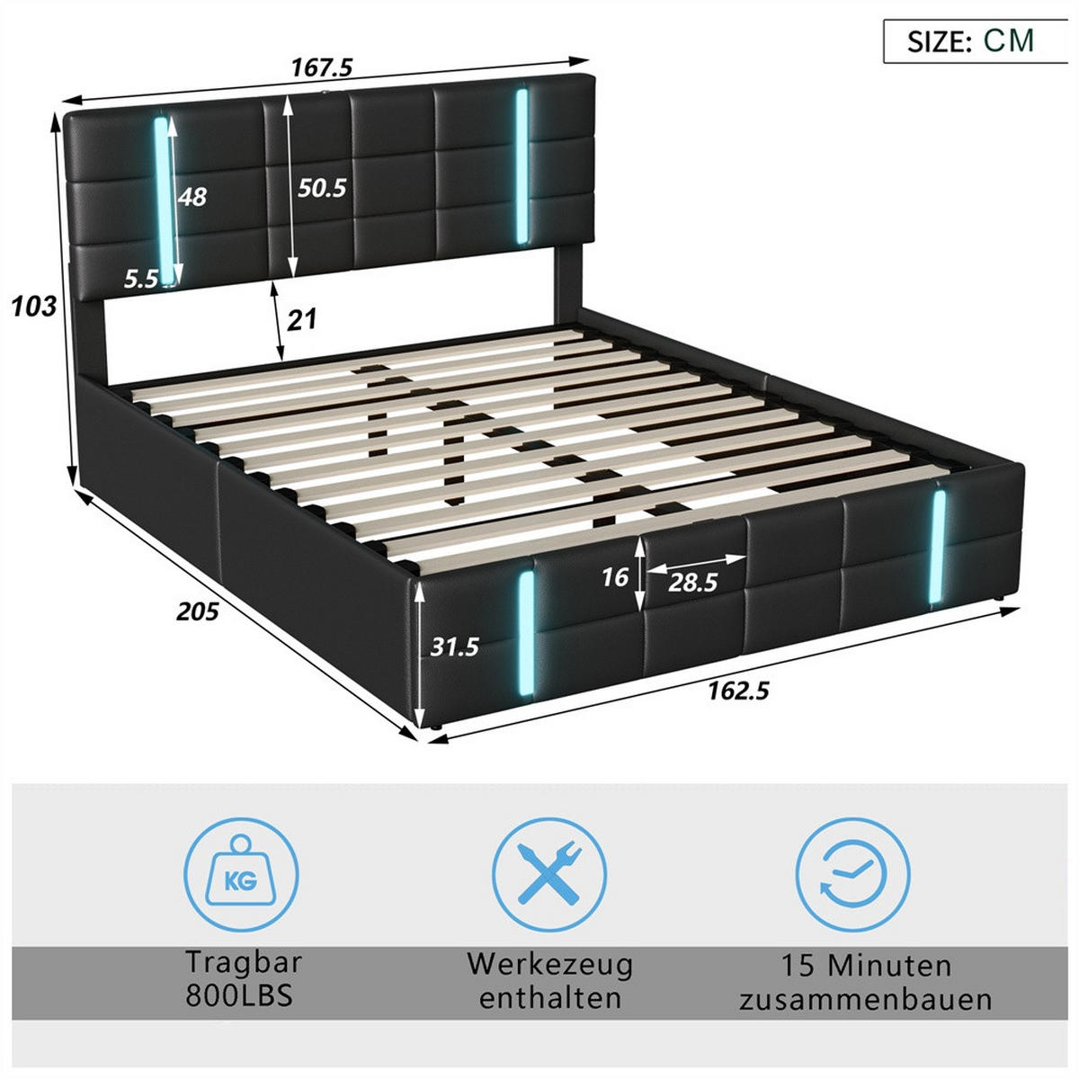 POLSTERBETT 160x200 cm mit LED-Beleuchtung , 2 USB-Ports und hydraulischem Stauraum - ohne Matratze - Schwarz, Textil (160/200cm) - DELFA
