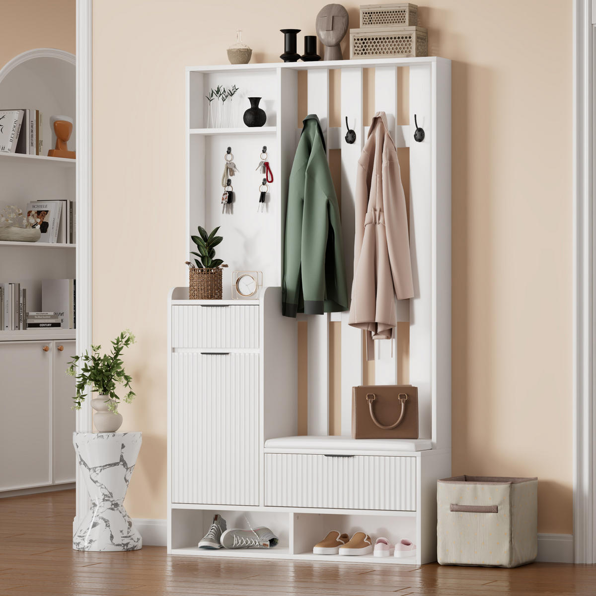 GARDEROBENKOMBINATION 100/30/180 cm aus Spanplatte mit Sitzbank, Schubladen und Kippschutz Weiß - Weiß, Holzwerkstoff (100/180/30cm) - Modenvie