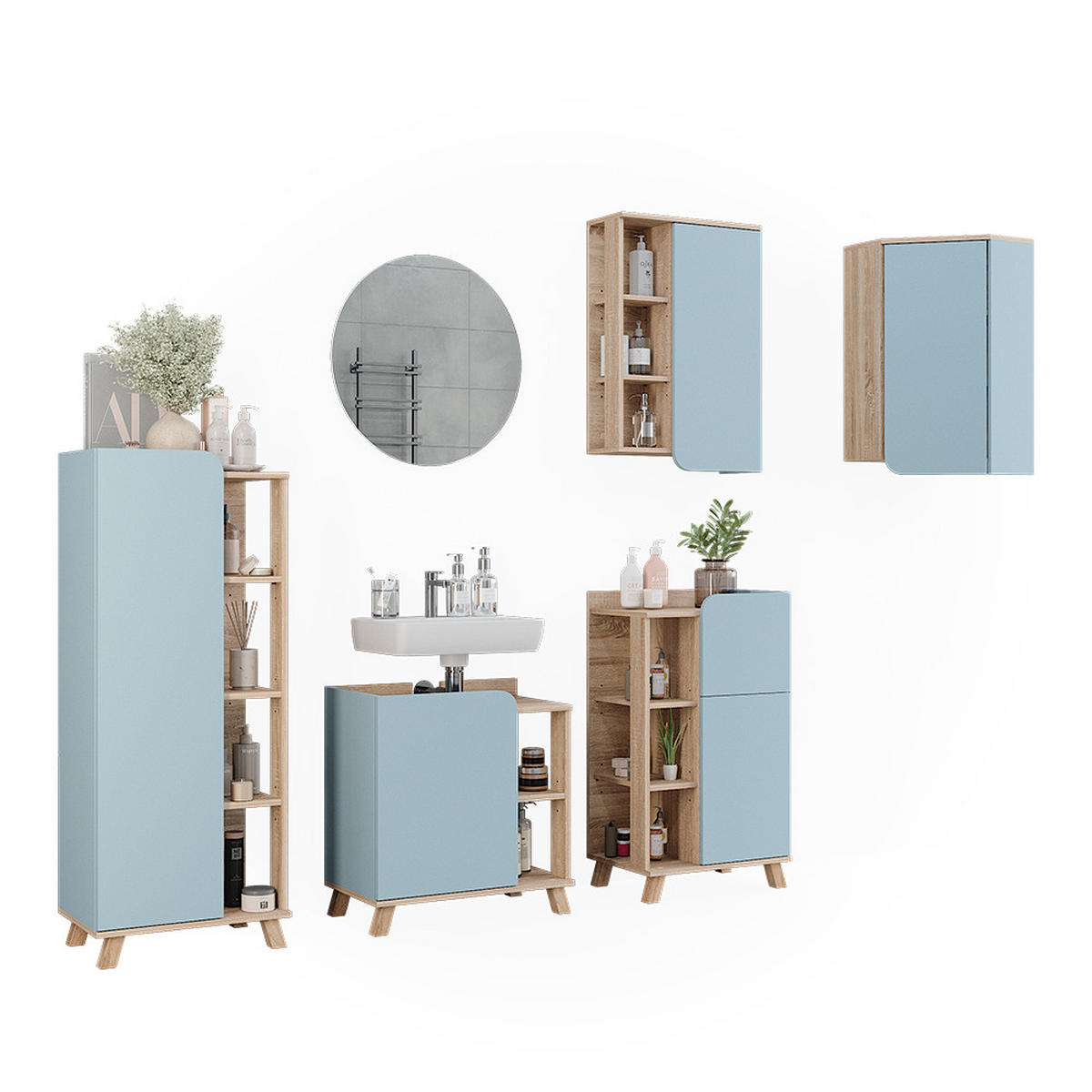 BADMÖBEL-SET Karen Blau-Grau 6 Teile - Blau, Holzwerkstoff (60/65/35cm) - Vicco