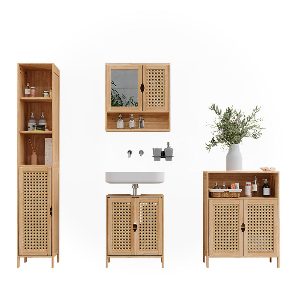 BADMÖBEL-SET Liora Bambus 4 Teile - Grün, Holzwerkstoff (48/60/29cm) - Vicco