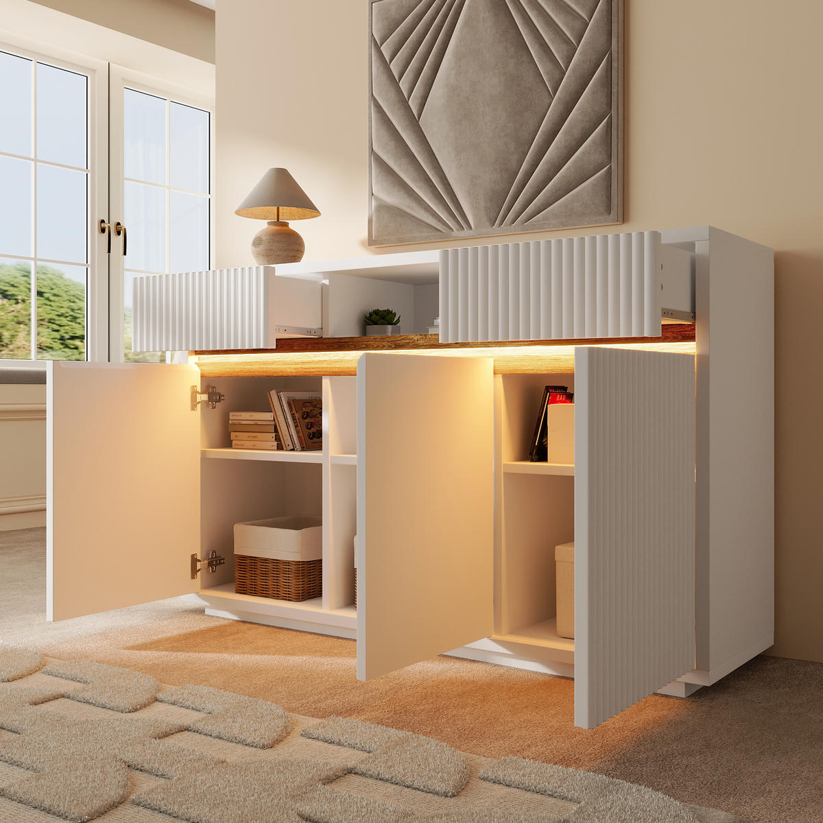 SIDEBOARD aus MDF und Spanplatte 140x40x85 cm Weiß mit LED-Beleuchtung, 2 Schubladen und verstellbaren Einlegeböden - Weiß, Holzwerkstoff (140/85/40cm) - Modfu