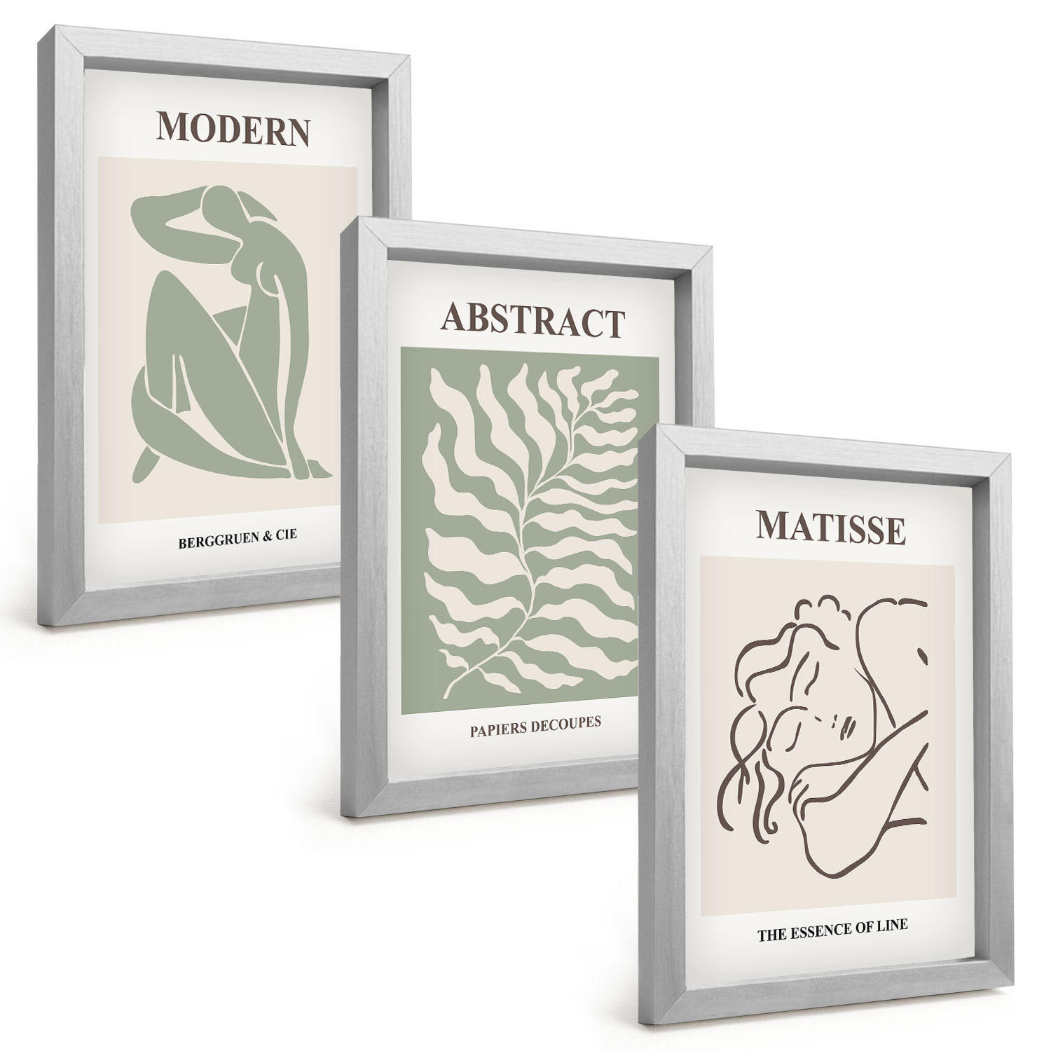 BILDER SET 3er Set - 20x30 cm Silberner Rahmen - Stilvolle grüne Gemälde mit Figuren - Silberfarben, Kunststoff (20/30cm) - TULUP