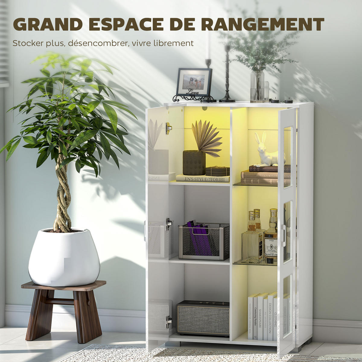 HIGHBOARD Weiß mit LED-Beleuchtung und Glastüren 71/35/126 cm - Weiß, Holzwerkstoff (71/126/35cm) - PANGIVO
