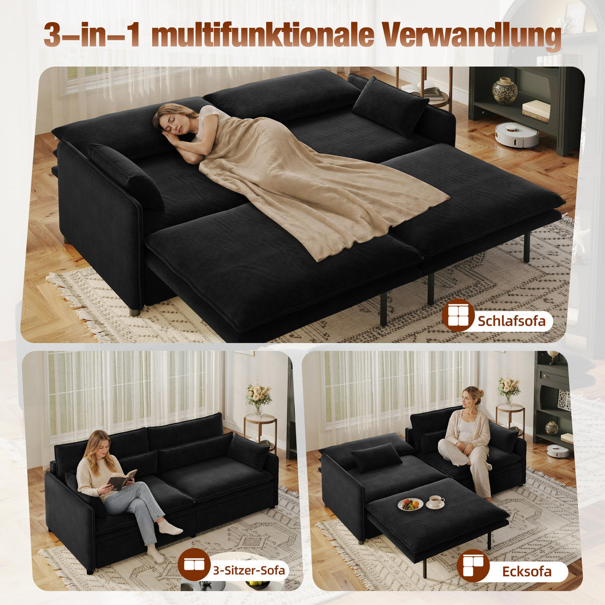 SCHLAFSOFA 3-in-1 ausziehbar mit Staufach, DE-42857, Schwarz - Schwarz, Holzwerkstoff (206/86/91cm) - ComfortXL