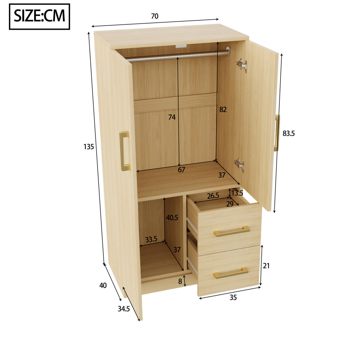 KLEIDERSCHRANK Holz, Doppeltür mit 2 Schubladen & Staufach, 70/40/135 cm, Naturholz - Naturfarben, Holz (70/135/40cm) - Redom