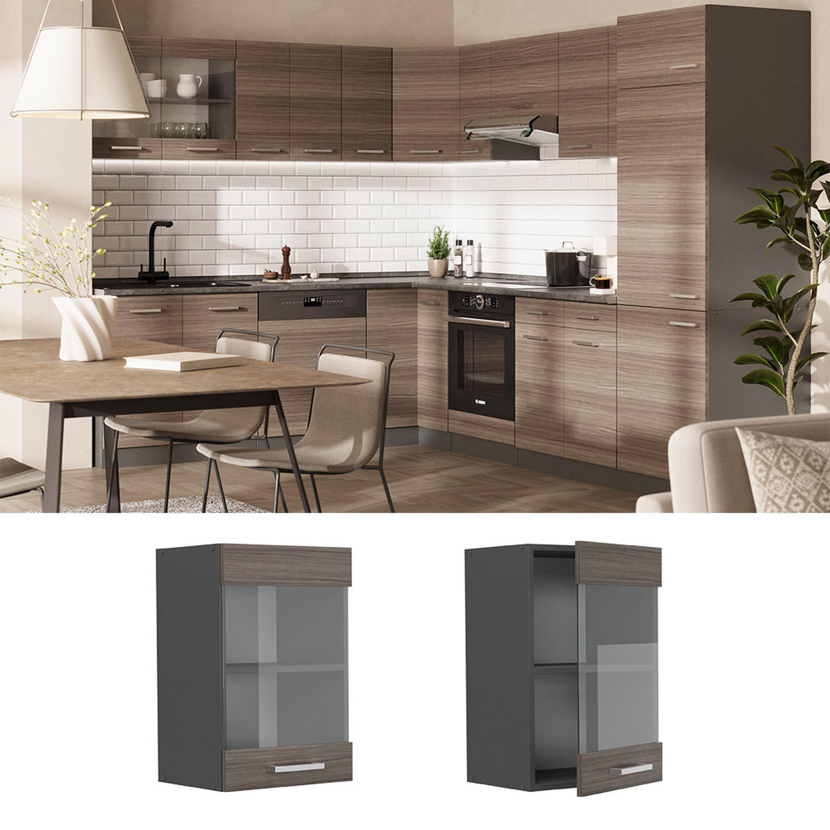 KÜCHENGLASHÄNGESCHRANK R-Line Edelgrau 40 cm - Anthrazit/Braun, Holzwerkstoff (40/60/31cm) - Vicco