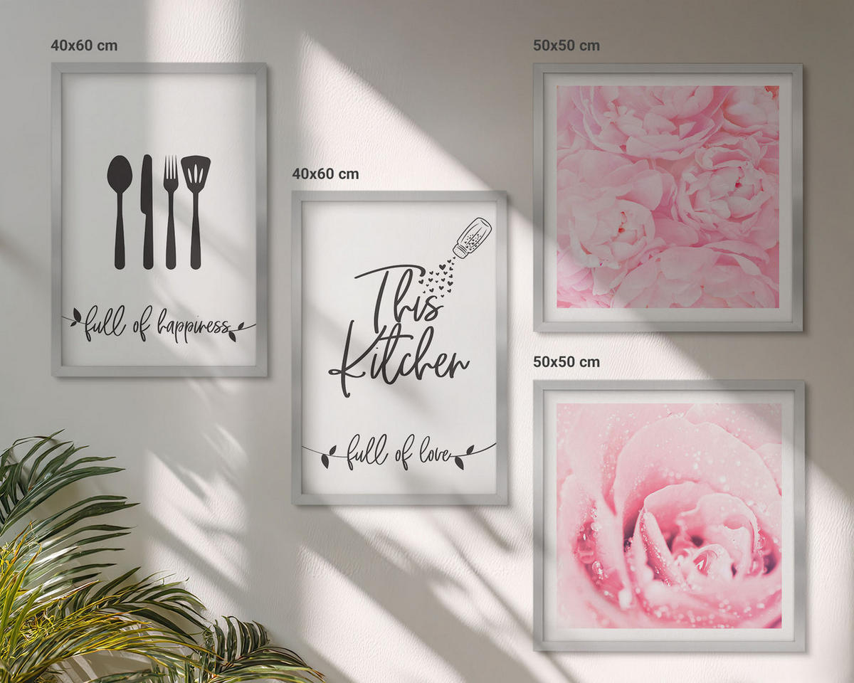 BILDER SET 4er Set - 50x50 cm & 40x60 cm Silberner Rahmen - Zarte Rosenblüten für die Küche - Silberfarben, Kunststoff (50/50cm) - TULUP