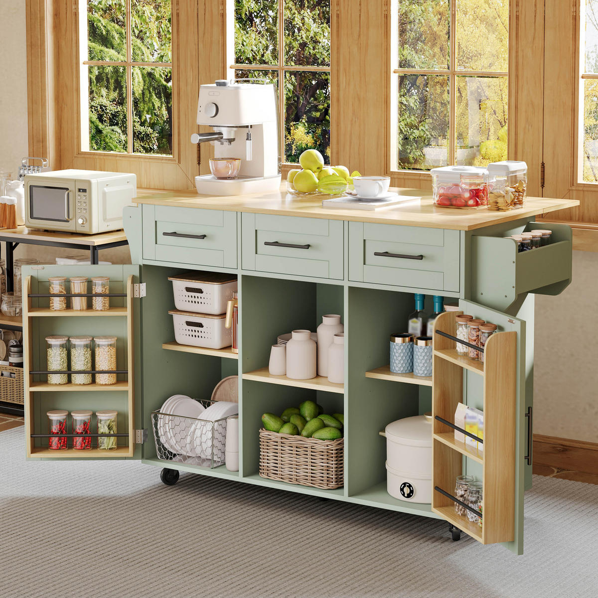 KÜCHENINSEL 139 cm MDF Antikgrün mit Holzoptik Arbeitsplatte und Rollen - Pastellgrün, Holzwerkstoff (46/91.5/139cm) - Korfee