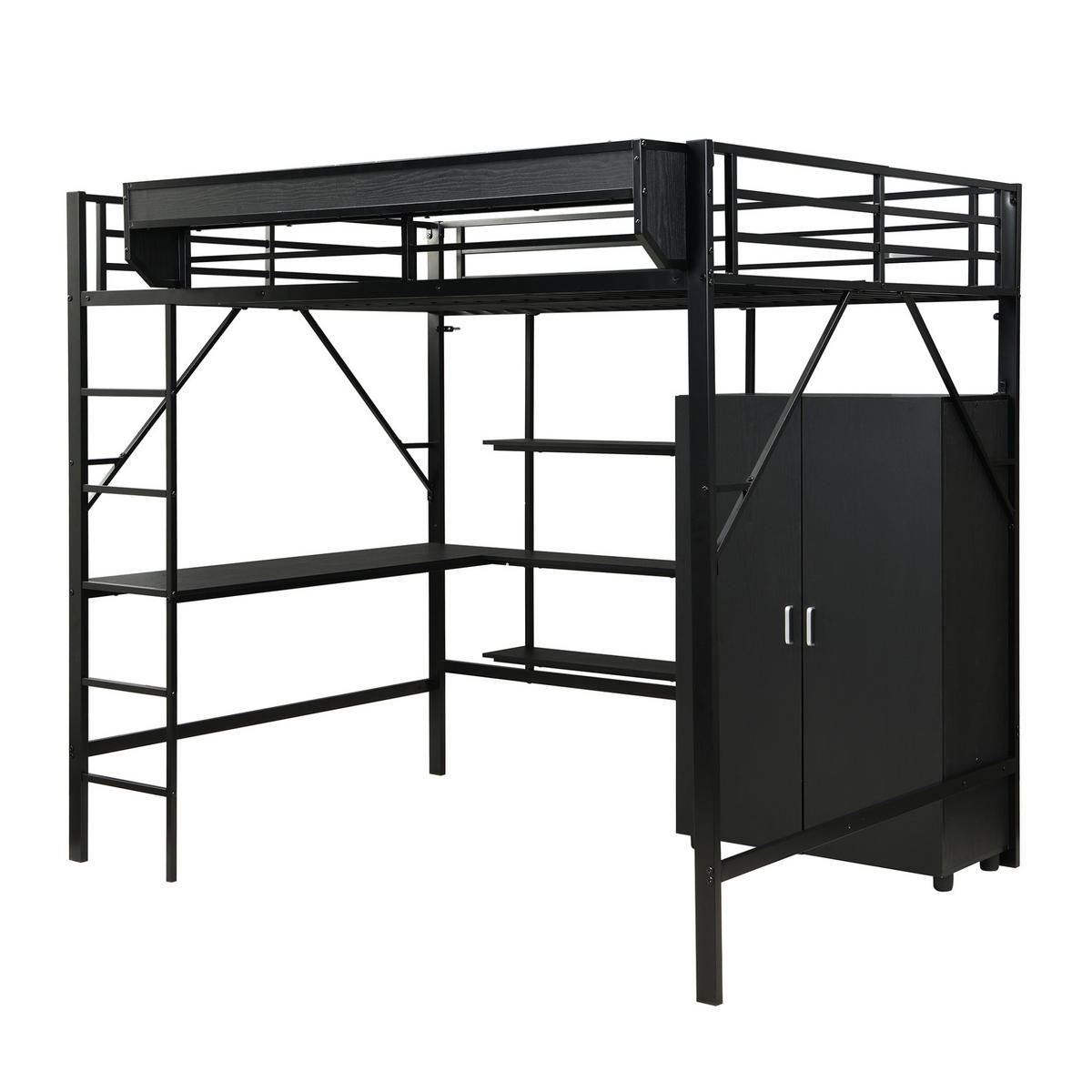 HOCHBETT 140/200 cm mit Schreibtisch, Kleiderschrank, Ablage und viel Stauraum, Schwarz - Schwarz, Holzwerkstoff (140/200cm) - Redom