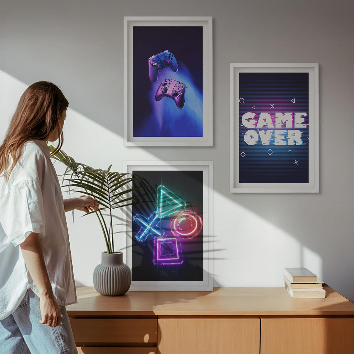 BILDER SET 3er Set - 40x60 cm Weißer Rahmen - Game Over Gamepads - Weiß, Kunststoff (40/60cm) - TULUP