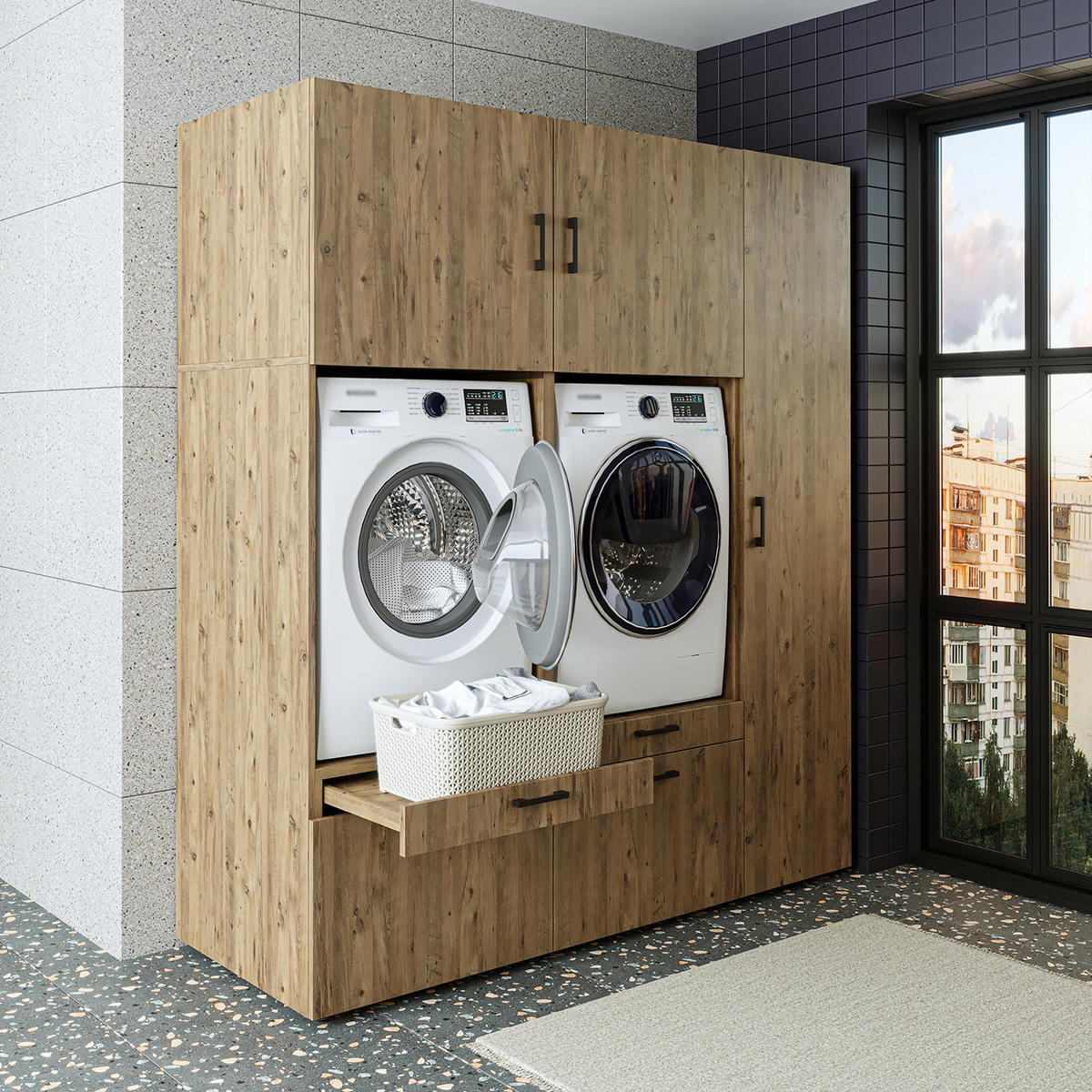 WASCHMASCHINENSCHRANK Serie 2 179cm Breit, 205cm Hoch - Eichefarben, Holzwerkstoff (179/205/67cm)