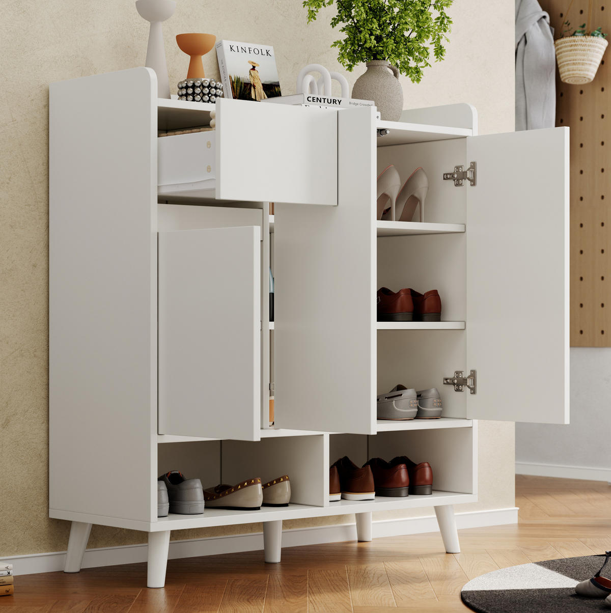 SCHUHSCHRANK 90/35/99 cm in Weiß – platzsparend mit verstellbaren Böden - Weiß, Holzwerkstoff (90/99/35cm) - BEAOK