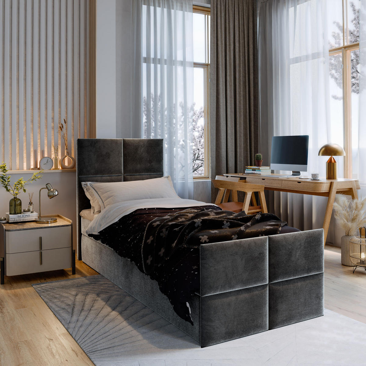 BOXBETT ARIEL 100 100x200 cm mit Matratze und Topper - Dunkelgrau - Dunkelgrau, Holz (100/200cm) - MASSENO