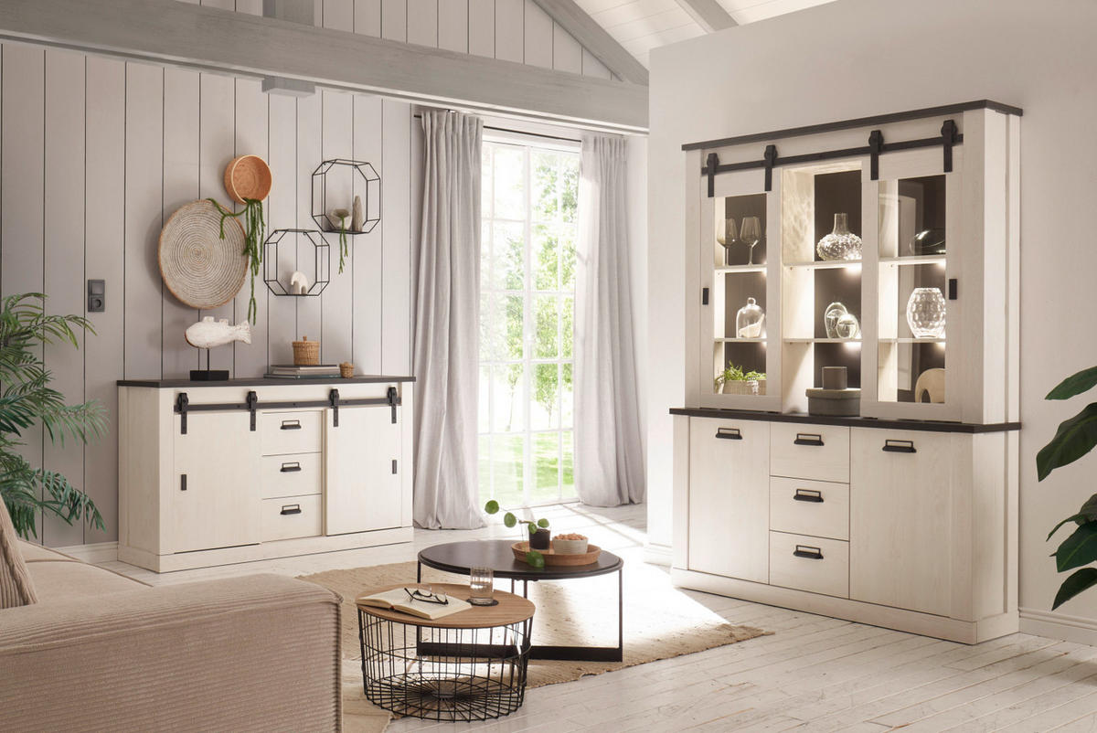 SIDEBOARD weiß Pinie, anthrazit Landhaus, Kommode 162 x 91 cm - Anthrazit/Weiß, Holzwerkstoff/Metall (162/91/43cm) - Furn.Design