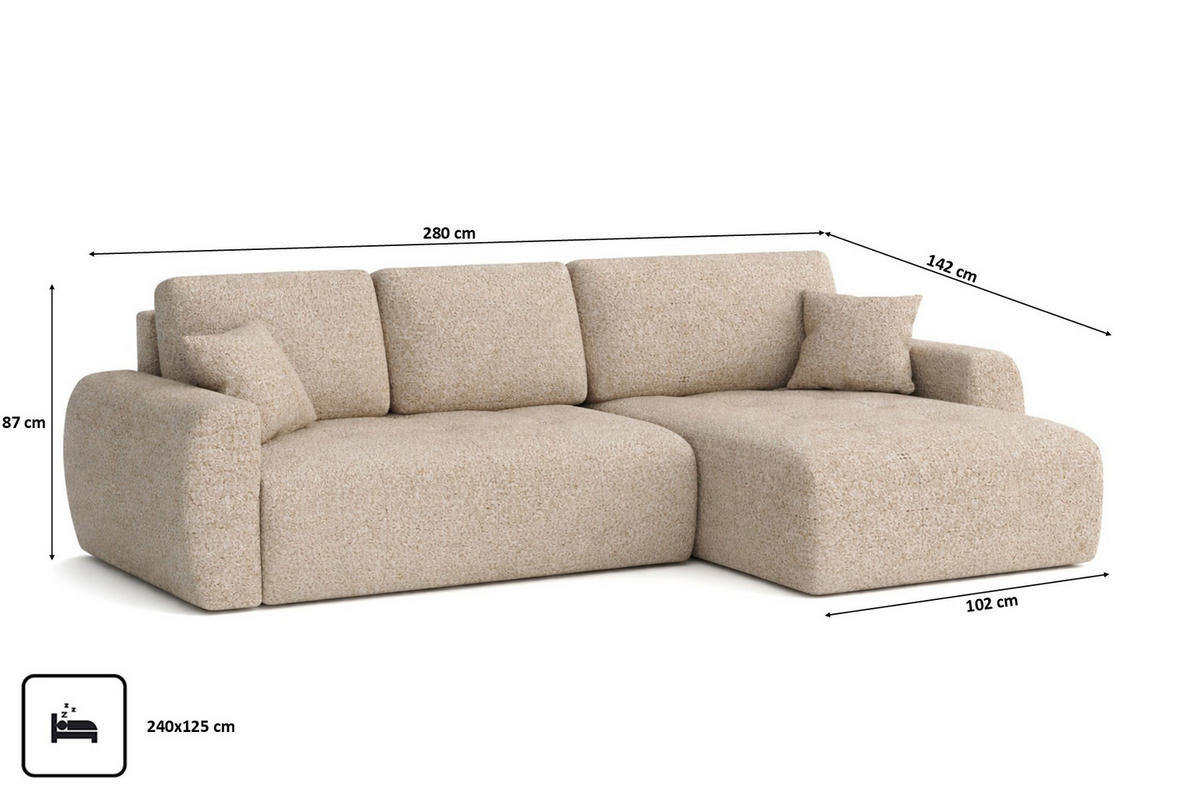 ECKSOFA Mit Schlaffunktion Und Bettkasten L-Form Ivo XL, Chenille-Stoff Artico, Beige, Rechts - Beige, Holz (280/142cm) - Kaiser Möbel