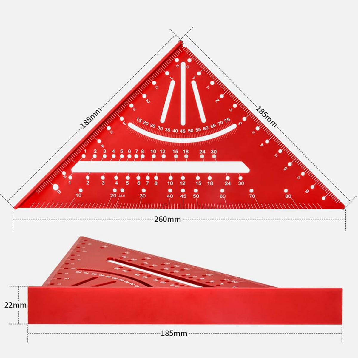WINKELMESSER - Rot - Aus Metalllegierung, mit Winkelmesser, Winkel von 30, 45, 60 und 90 Grad, in imperialen Einheiten. - Rot, Metall (18.5/18.5/26cm) - DCA