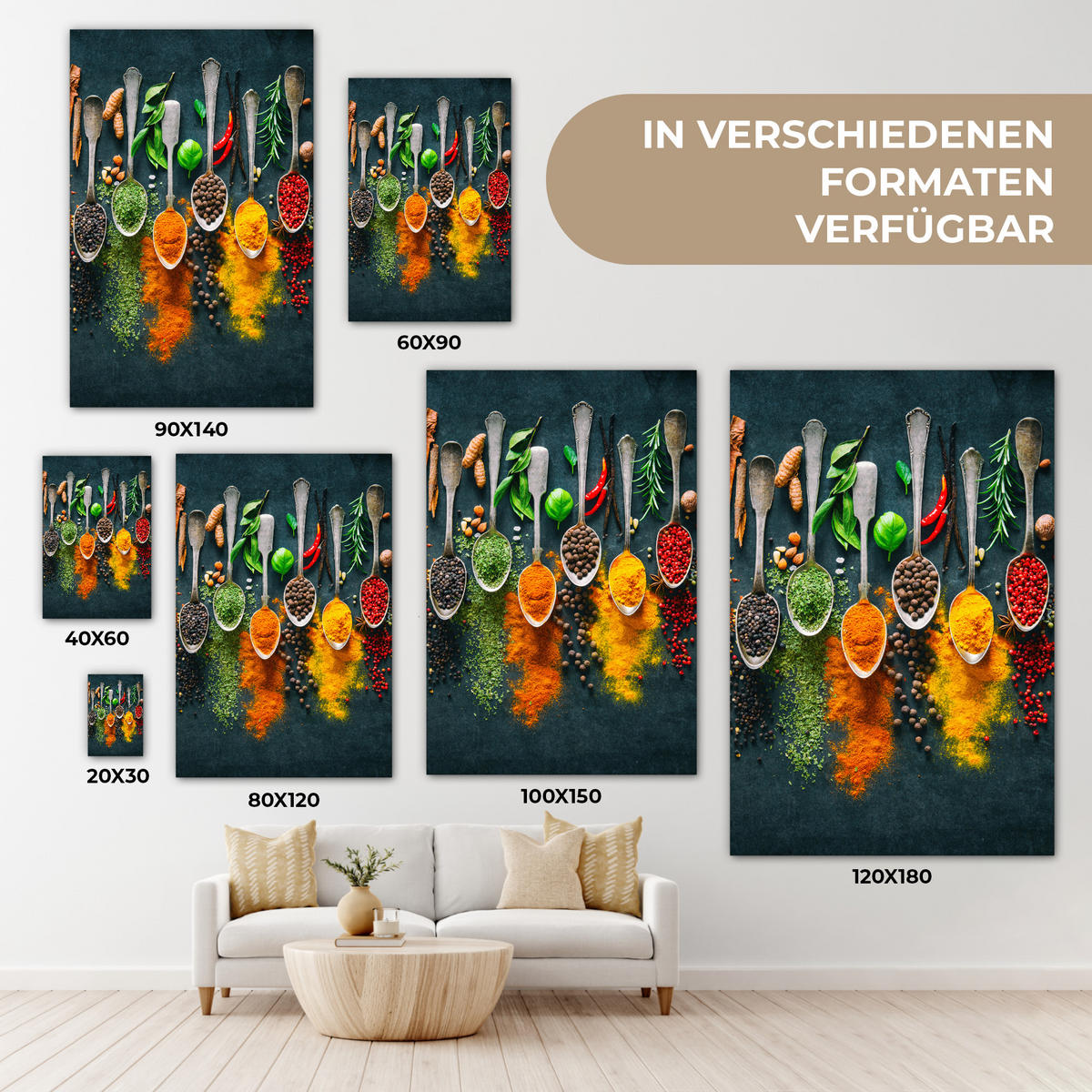 LEINWANDBILD Kräuter - Gewürze - Löffel - Küche 80x120 cm - Currygelb, Textil (80/120cm) - MuchoWow