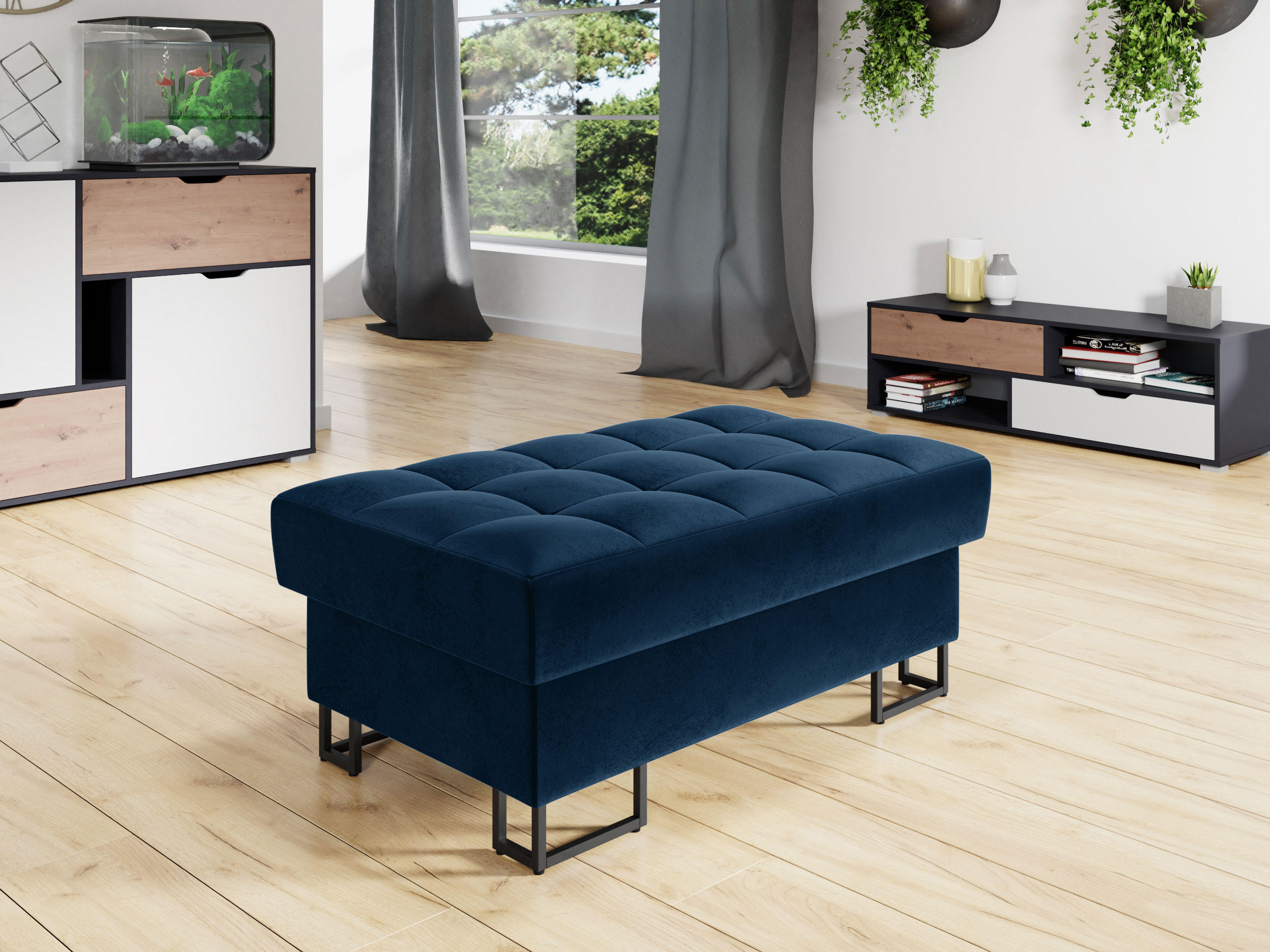 POLSTERHOCKER Laris - Schwarz/Dunkelblau, Holz/Textil (106/44/67cm) - MIRJAN24