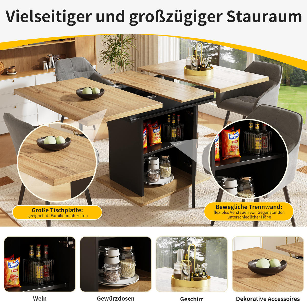 ESSTISCH aus MDF mit Regenbogenglas & Ablage, ausziehbar 110-140/80/76 cm, Schwarz - Schwarz, Holzwerkstoff (140/80/76cm) - Redom