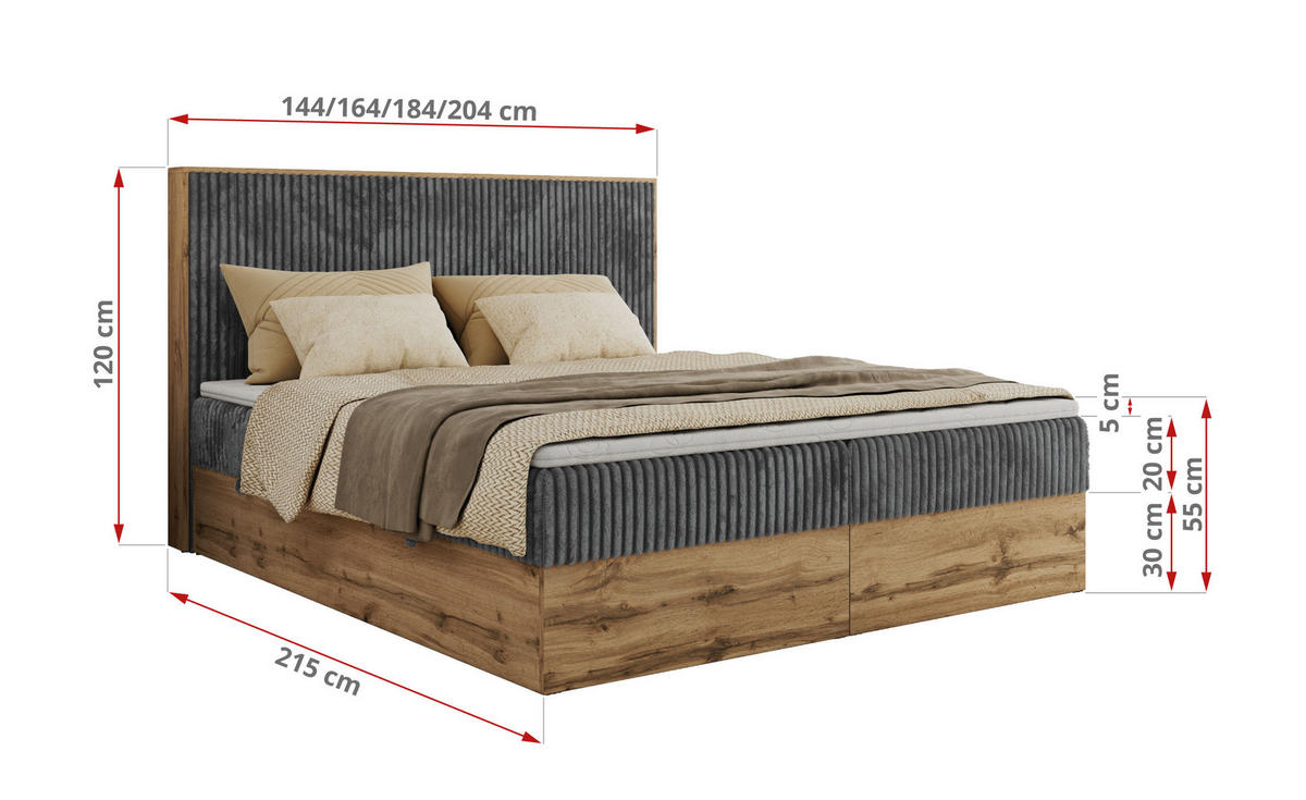 BOXBETT WOOD CLASSIC 140/200 - Grau Cord - H3 - Grau, Textil (140/200cm) - MKS