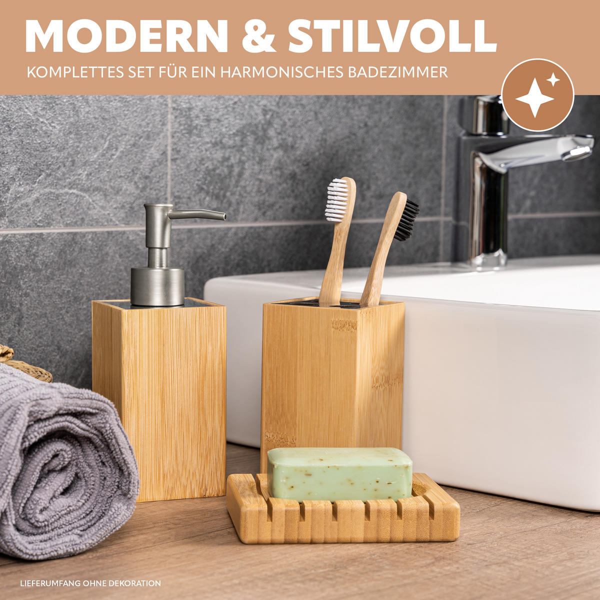 BADEZIMMER 3er-Set, Bambus - Braun, Holz (9/2/12cm) - bremermann