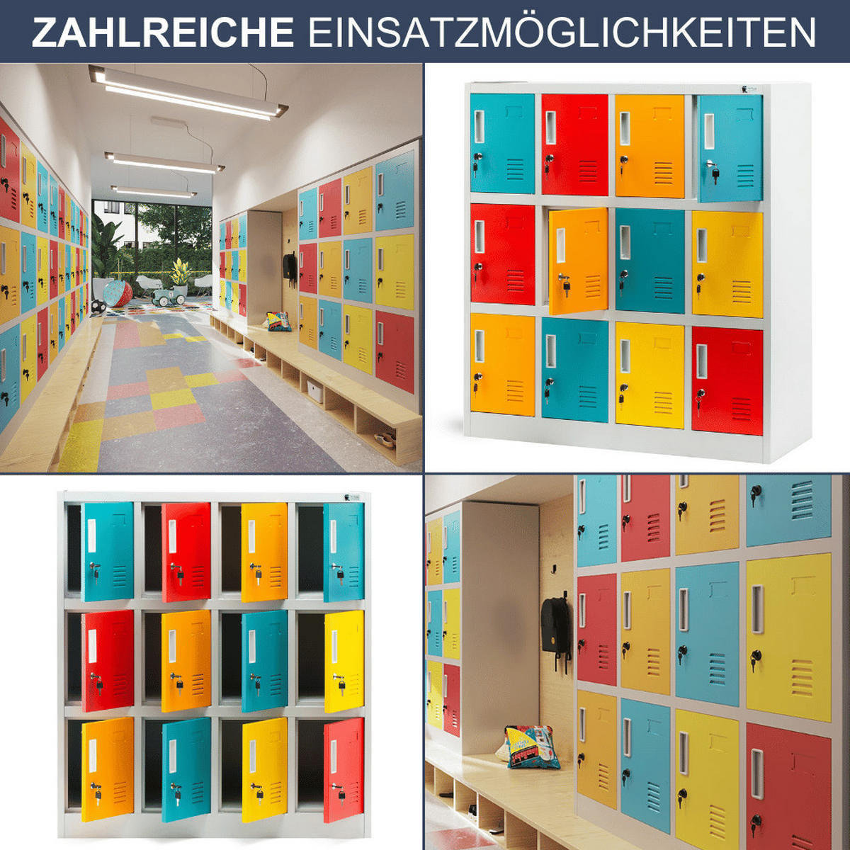 SCHLIESSFACHSCHRANK Spind Kindergarten ANNA 12 Fächer 120x109x45cm Mehrfarbig - Multicolor, Metall (109/120/45cm) - DELUKE