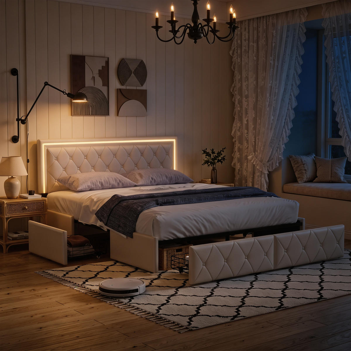 POLSTERBETT 160x200 cm mit LED und Stauraum, Lattenrost, doppelbett 160x200 mit 4 Schublade, PU Ecru - Ecru, Leder/Holz (160/200cm) - GENKI LIVING