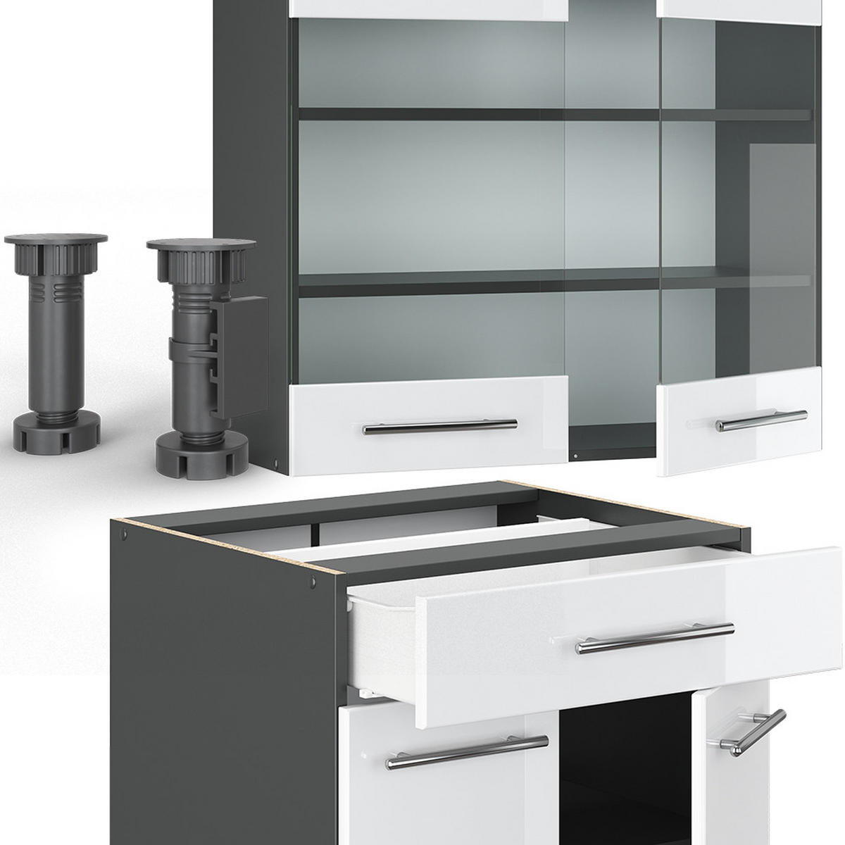 SINGLEKÜCHE Fame-Line Weiß Hochglanz/Anthrazit 140 cm, AP Eiche - Weiß Hochglanz/Anthrazit, Holzwerkstoff (140/81.6/60cm) - Vicco