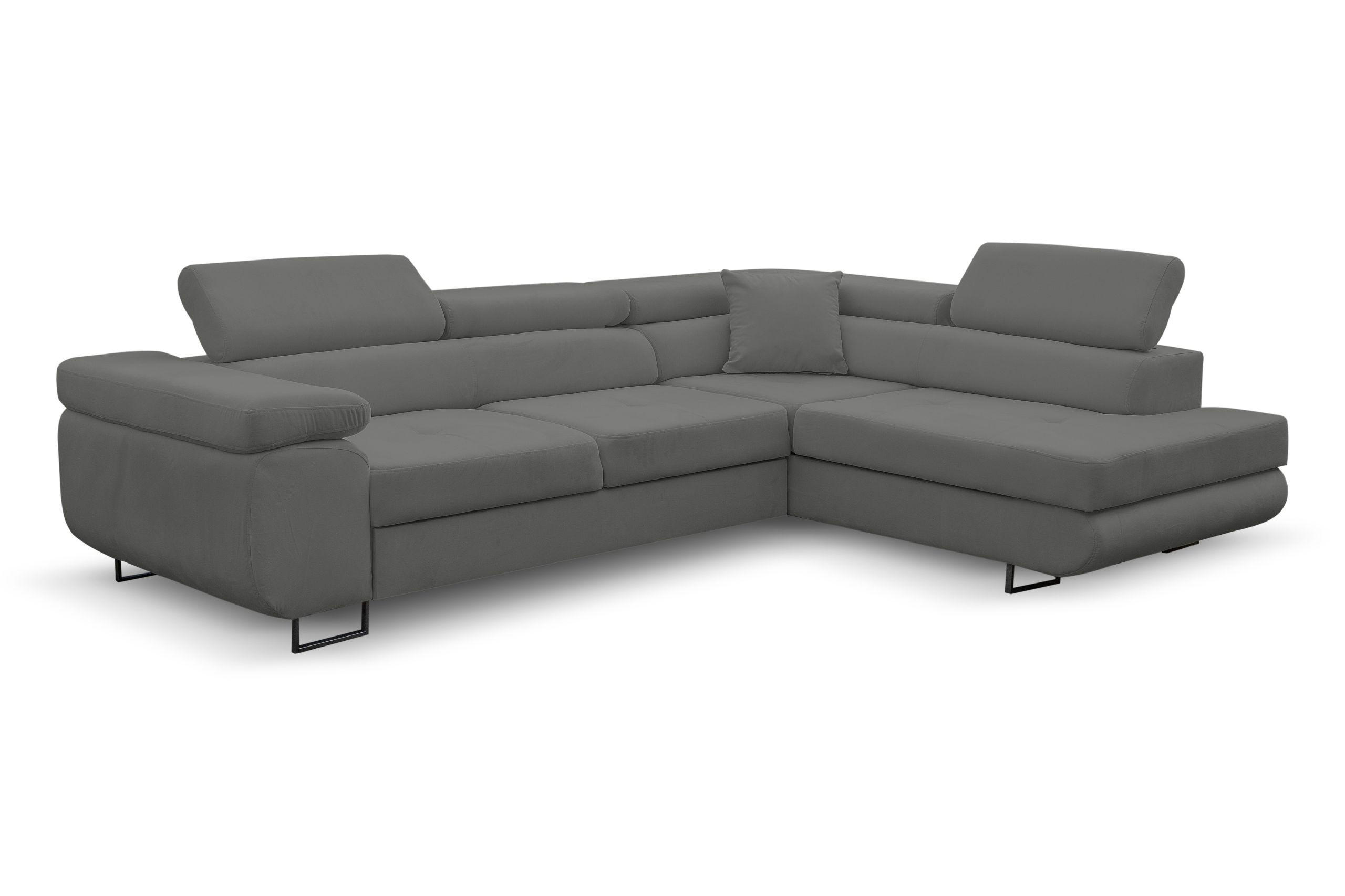 ECKSOFA Jerry in L-Form mit Schlaffunktion und Bettkasten, Farbe: Grau, Veloursstoff, Ottomane Rechts - Grau, Textil (275/202cm) - VENASI MÖBEL
